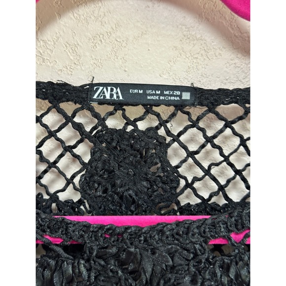 Zara Black Crochet Floral Open Knit Long Sleeve Crop Top‎ Festival Burning Man - Picture 2 of 3